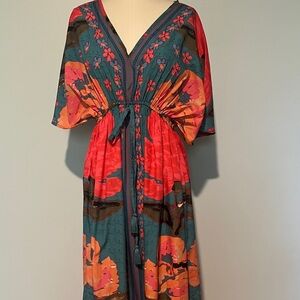 World Market Maxi Deep V Waist tie multi-color dress